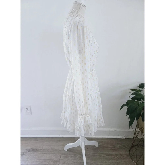 OPT O.P.T Lluvia White Gold Polka Dot Tiered Flowy Smock Neck Mini Short Dress S - Picture 8 of 12